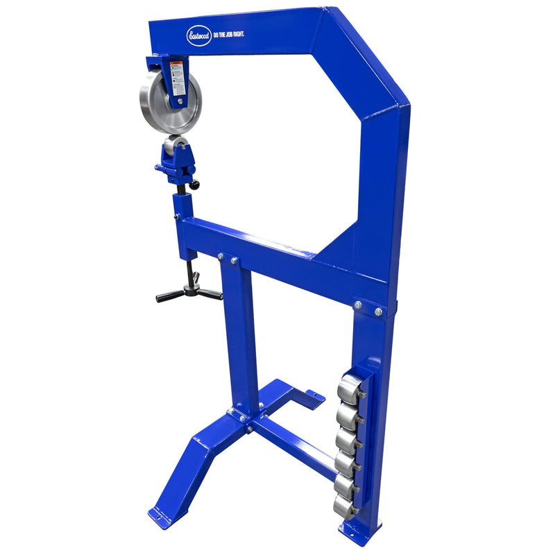 Angled view of the Eastwood English wheel with anvils stored on the stand leg