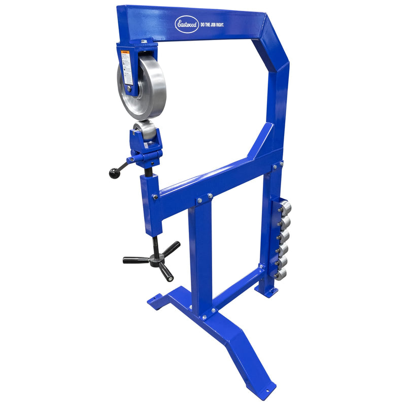 Eastwood English wheel stand showing the storage rack holding the radiused anvils
