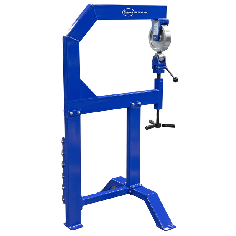Side view of the Eastwood English wheel and floor stand with upper wheel and anvil