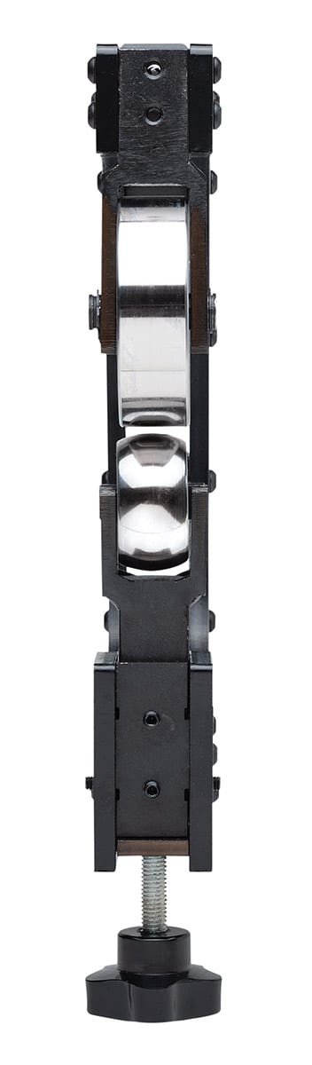 Front view of the Eastwood Elite Mini English wheel upper wheel meeting the lower anvil