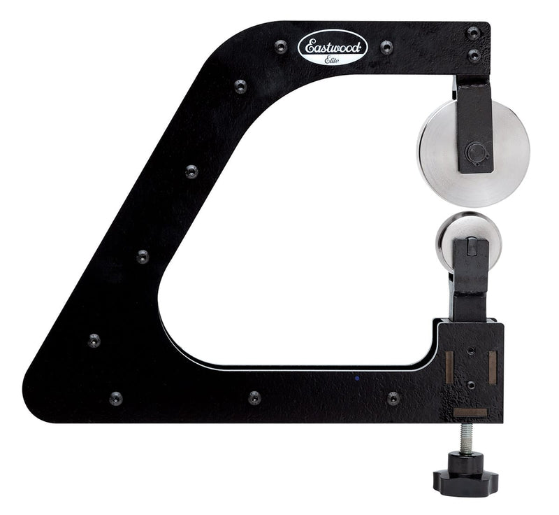 Side profile of the Eastwood Elite Mini English wheel showing the upper wheel and anvil