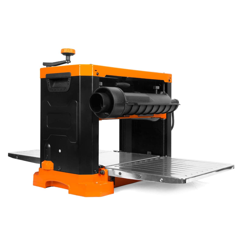 WEN PL1337 planer infeed and outfeed tables supporting a board