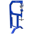 Eastwood English wheel mounted on a blue welded floor stand with anvil storage rack