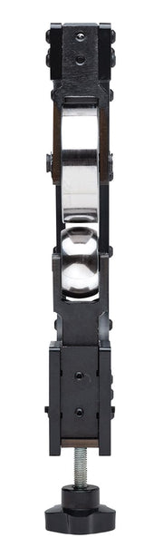 Front view of the Eastwood Elite Mini English wheel upper wheel meeting the lower anvil